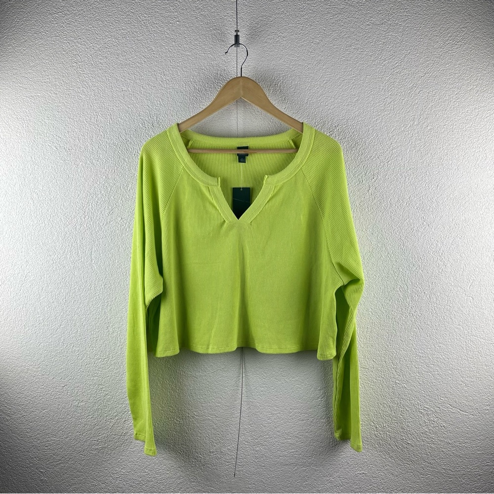 Wild Fable I XXL Lime Waffle Knit Thermal Split V-Neck Boxy Crop Long Sleeve Top